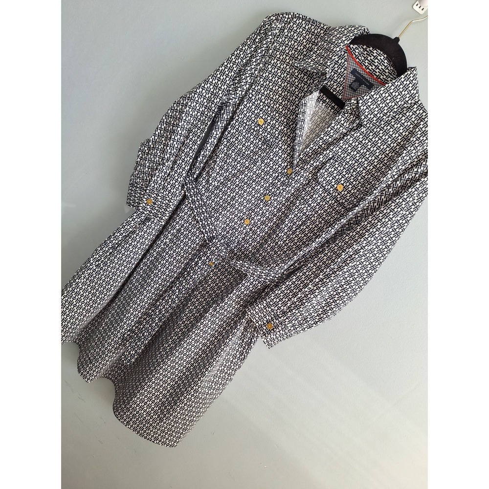 Tommy Hilfiger Logo Print Popover 3/4 Button Up Shirt Dress Womens L Blue Wht